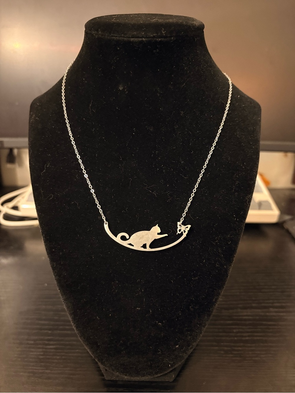 Silver Tone Cat and Butterfly Pendant Necklace Signed 14” with 2” Extender